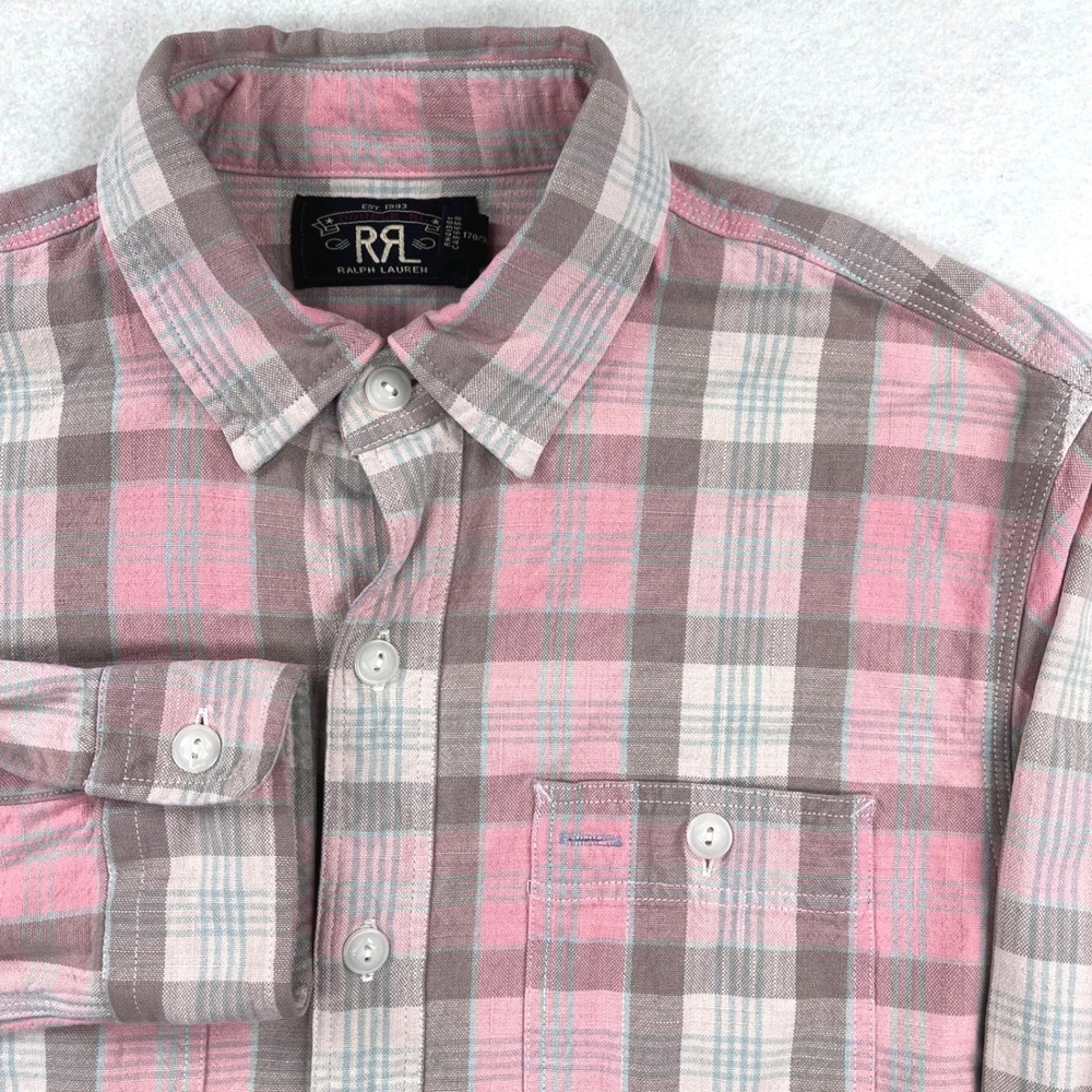 RRL Ralph Lauren Mens Pink Grey Plaid Cotton Button Down Work Shirt Small S